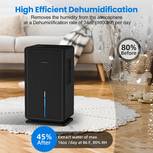 100oz Dehumidifier: 750 Sq. Ft, Auto Shut-Off & 7-Color Light
