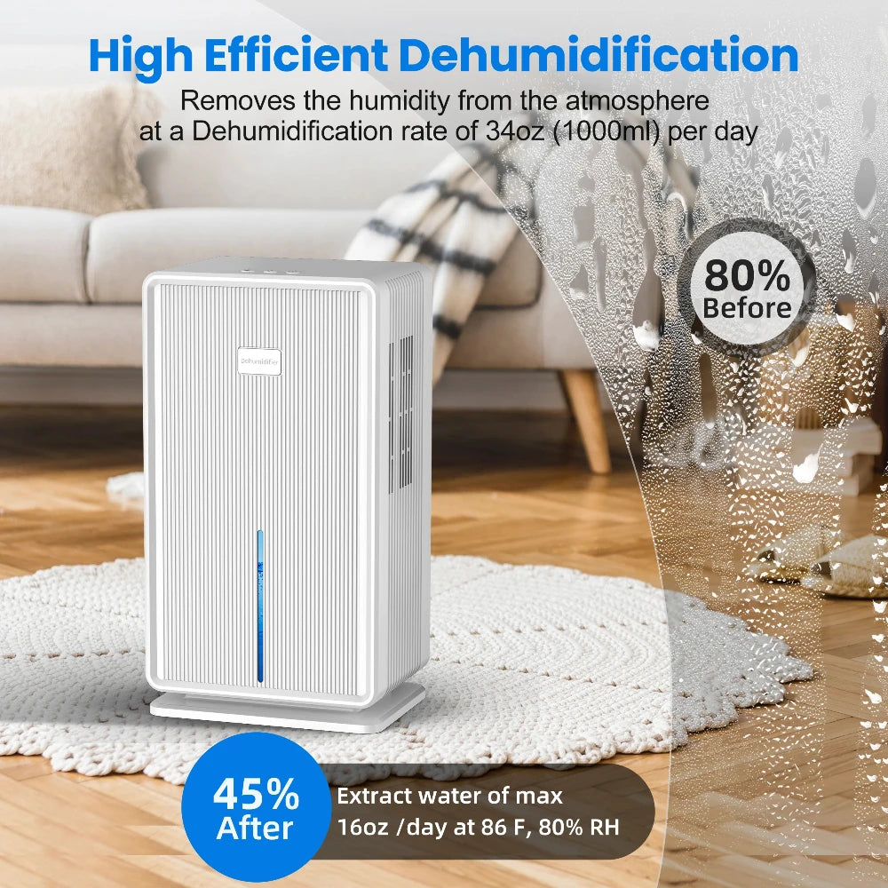 100oz Dehumidifier: 750 Sq. Ft, Auto Shut-Off & 7-Color Light